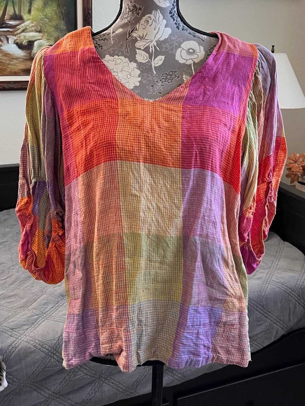 Women’s Multicolor Patchwork Print V-Neck Top